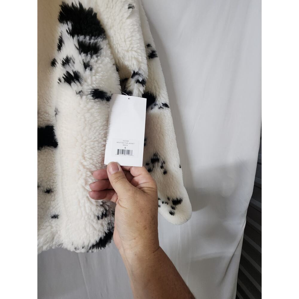 Juicy Couture Faux Fur Teddy Jacket Dalmatian Print White Black Coat Size Small - Picture 4 of 6